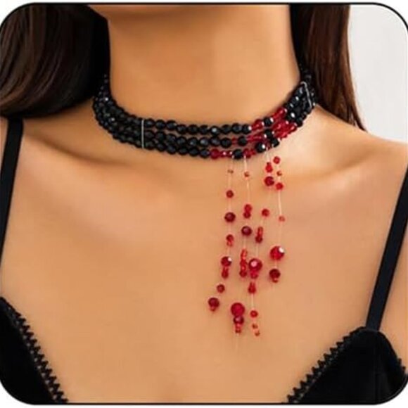 Gothic Blood Drop Necklace Beaded Choker Victorian Vampire Halloween Jewelry - Picture 1 of 6